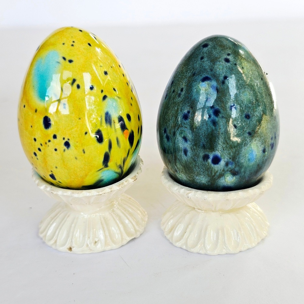 Vintage Ceramic Decorative Eggs Splatter Glaze Fluted Pedestal Stands Set of 2